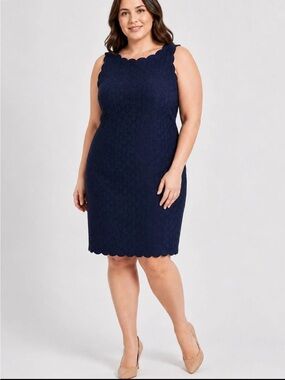 Talbots RSVP Women’s Dress 12 Navy Scalloped Hem Textured  jacquard Geometric